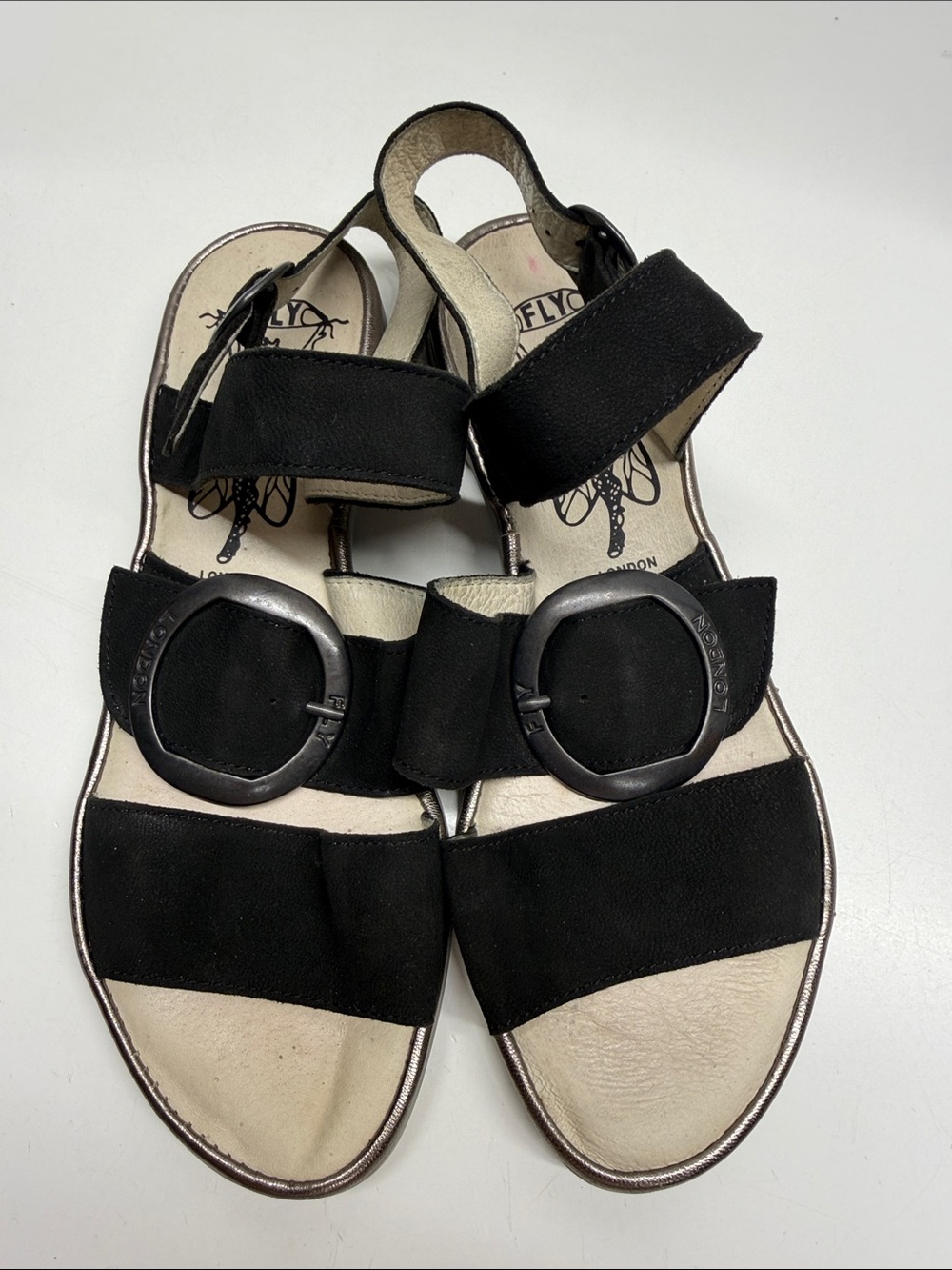 Fly London Codo Sandals Leather Suede Open Toe Strappy Ankle Strap Black Size 39 - Picture 2 of 7